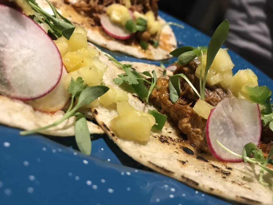 guajillo chile rubbed braised porkloin, smoked pineapples, jalapeno Taco